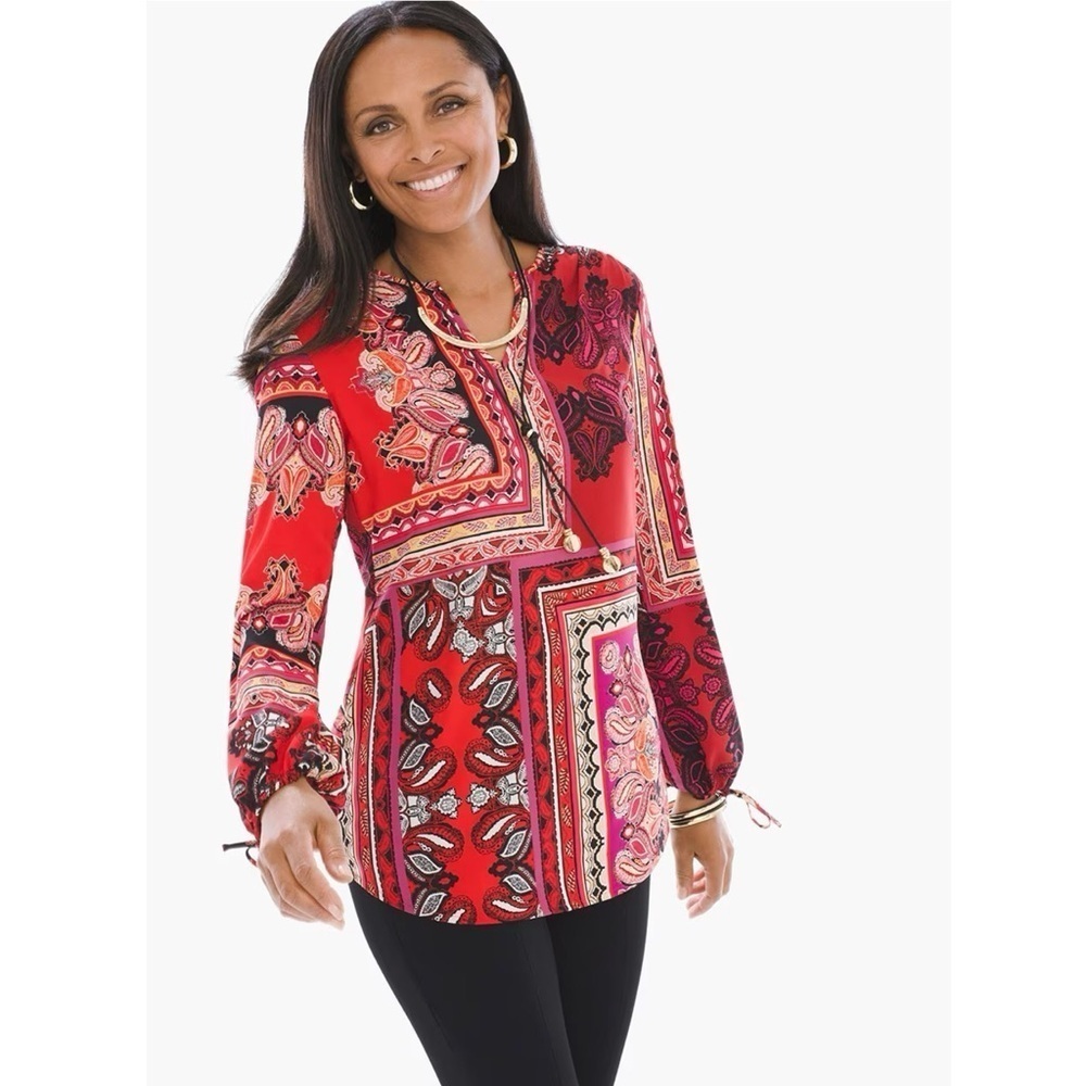 Chico’s Red Patchwork Paisley Peasant Blouse Split Neck Boho Scarf Print Top XL - Picture 13 of 14